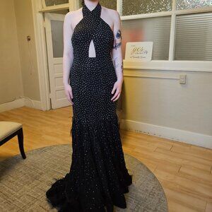 Size 10 black long trumpet high neck rhinestone feather scuba evening gown